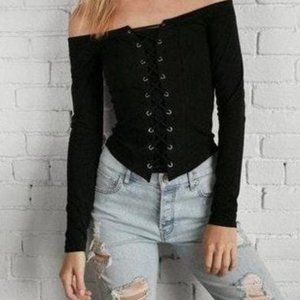 Express Lace Up Front Off Shoulder Long Sleeve Black Top